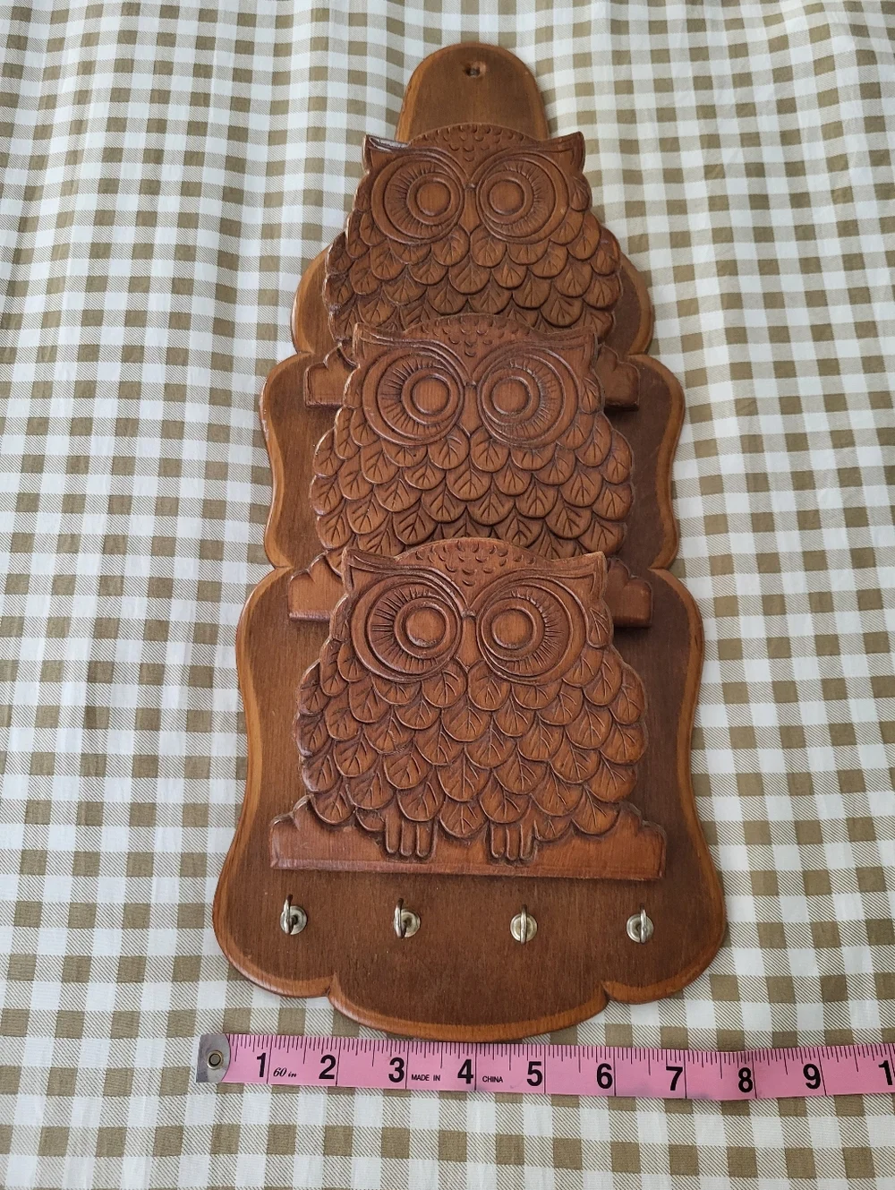 Vintage Mid-Century Modern Wooden Owl Letter Holder Featuring Three Carved Owls